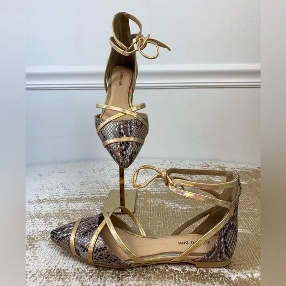 Gianni Bini Shoes - Gianni Bini Gold Dorsay Ankle Tie Flats
